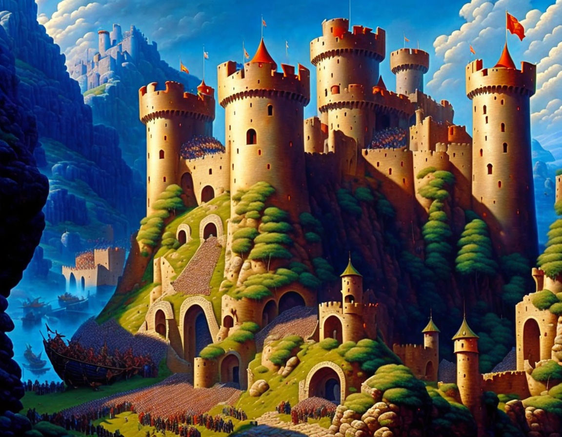 Majestic castle with multiple towers and red flags in lush green hills