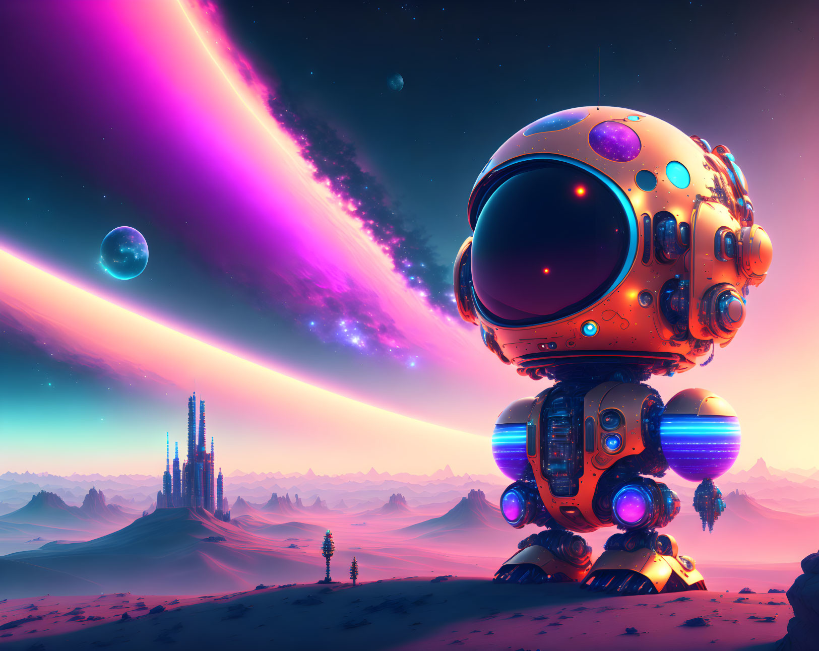 Futuristic robot on alien landscape with pink skies and floating orbs