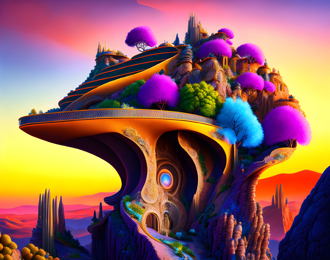 Colorful surreal landscape with floating island and fantastical architecture