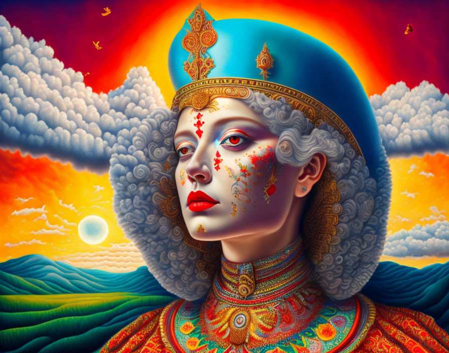 Surreal portrait of a woman with elaborate headdress against vibrant sky