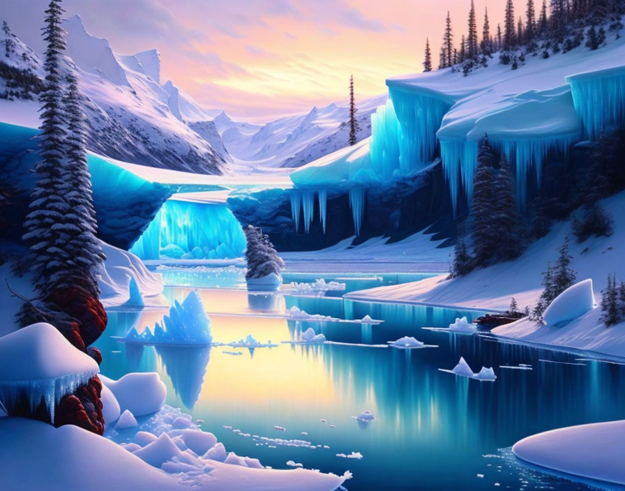 Winter Landscape: Blue Glaciers, Icebergs, Snow-Covered Trees, Sunset Sky