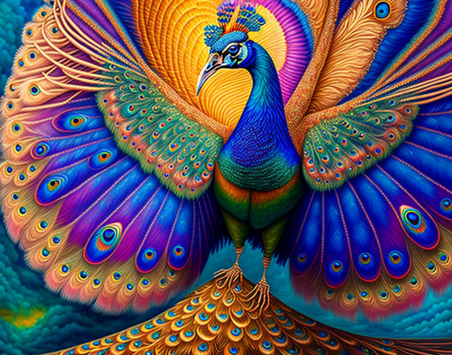 Colorful Peacock with Iridescent Blue, Green, and Gold Feathers