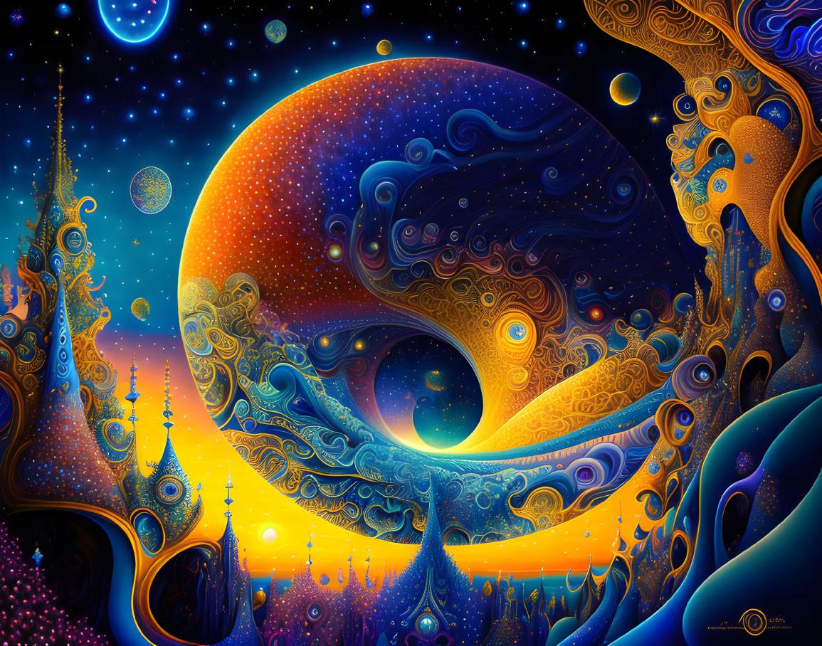 Colorful Psychedelic Space Scene with Celestial Bodies and Fantastical Structures