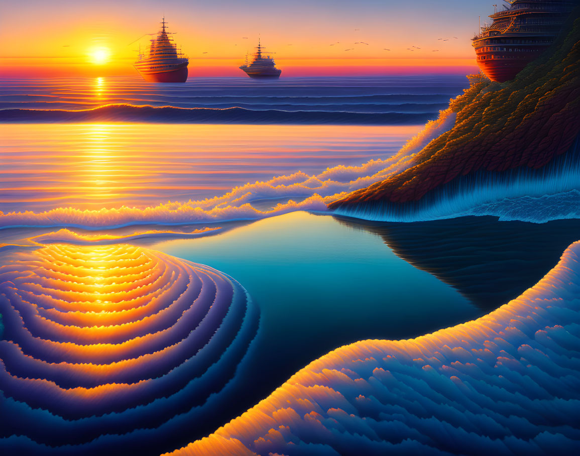 Colorful sunset scene with ships on calm sea and rippling water effect