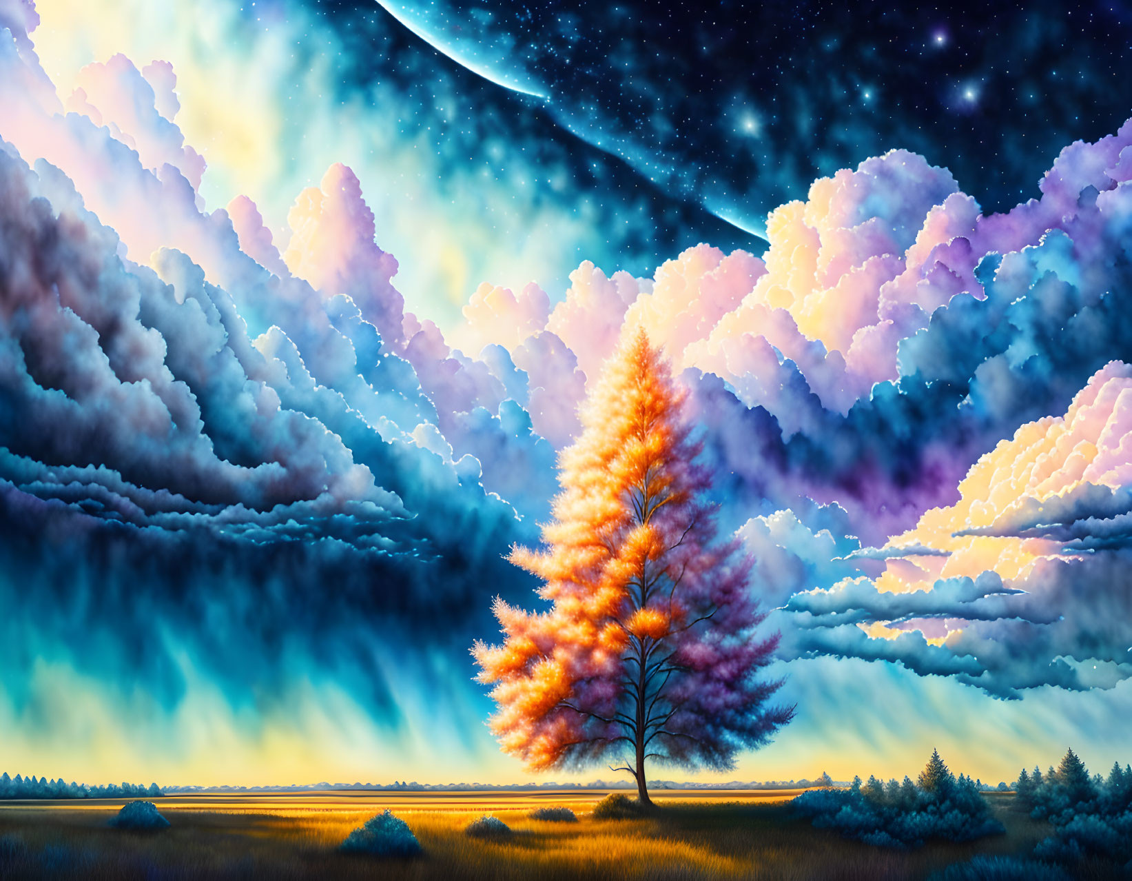 Vibrant digital artwork: lone tree in autumn foliage under surreal sky