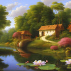 Tranquil lake with lotus flowers, cozy cottages, lush trees, distant tower hill