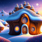 Snow-covered hills and cozy treehouse in whimsical winter scene