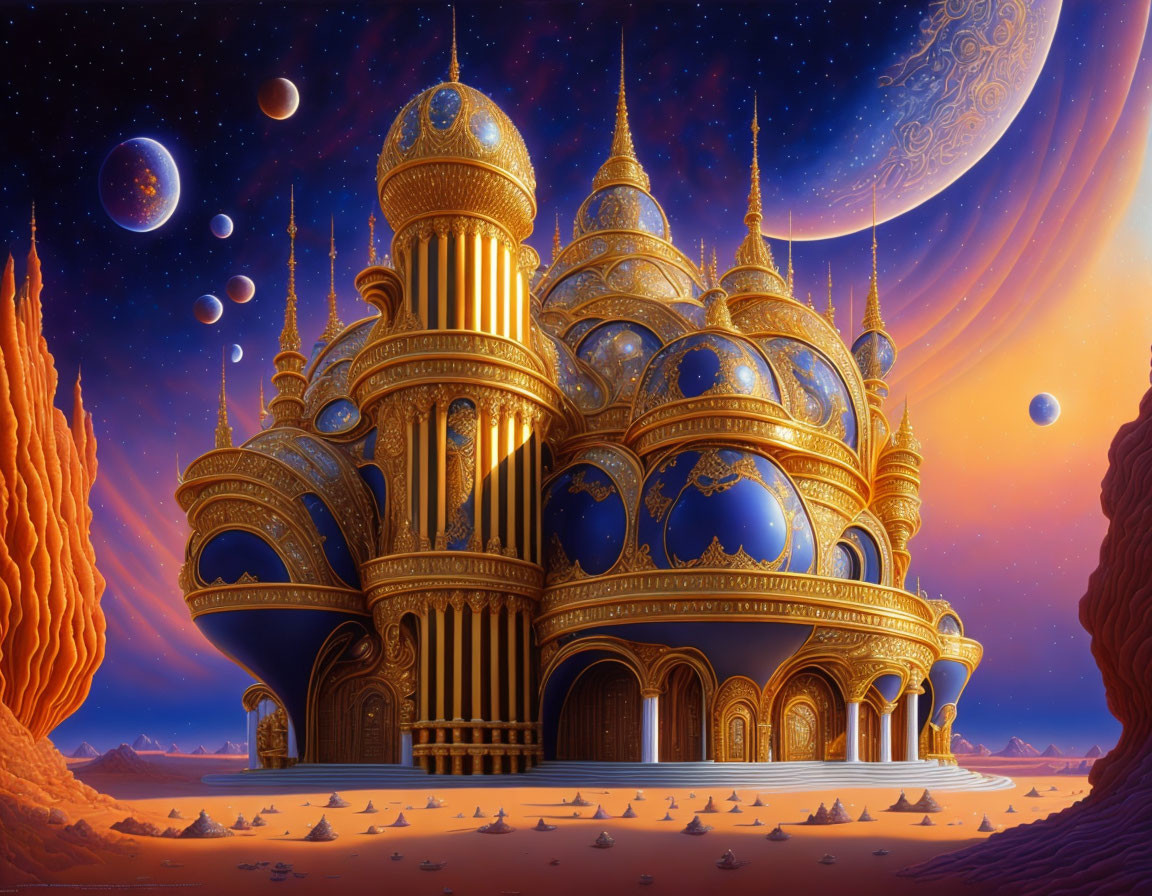 Extraterrestrial palace with golden domes under starry sky