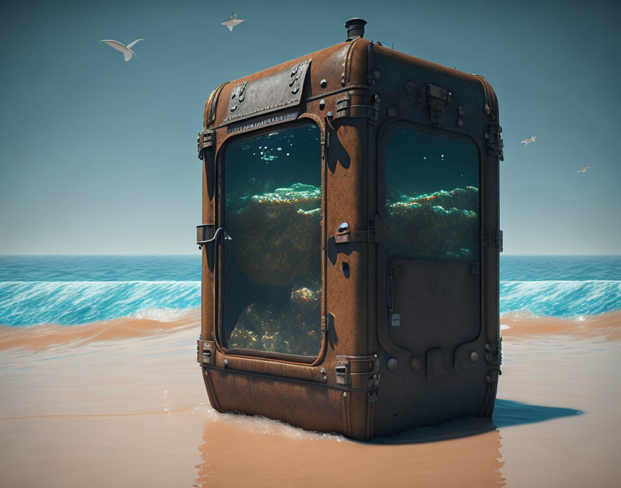 Vintage Rusted Refrigerator Displays Underwater Seascape