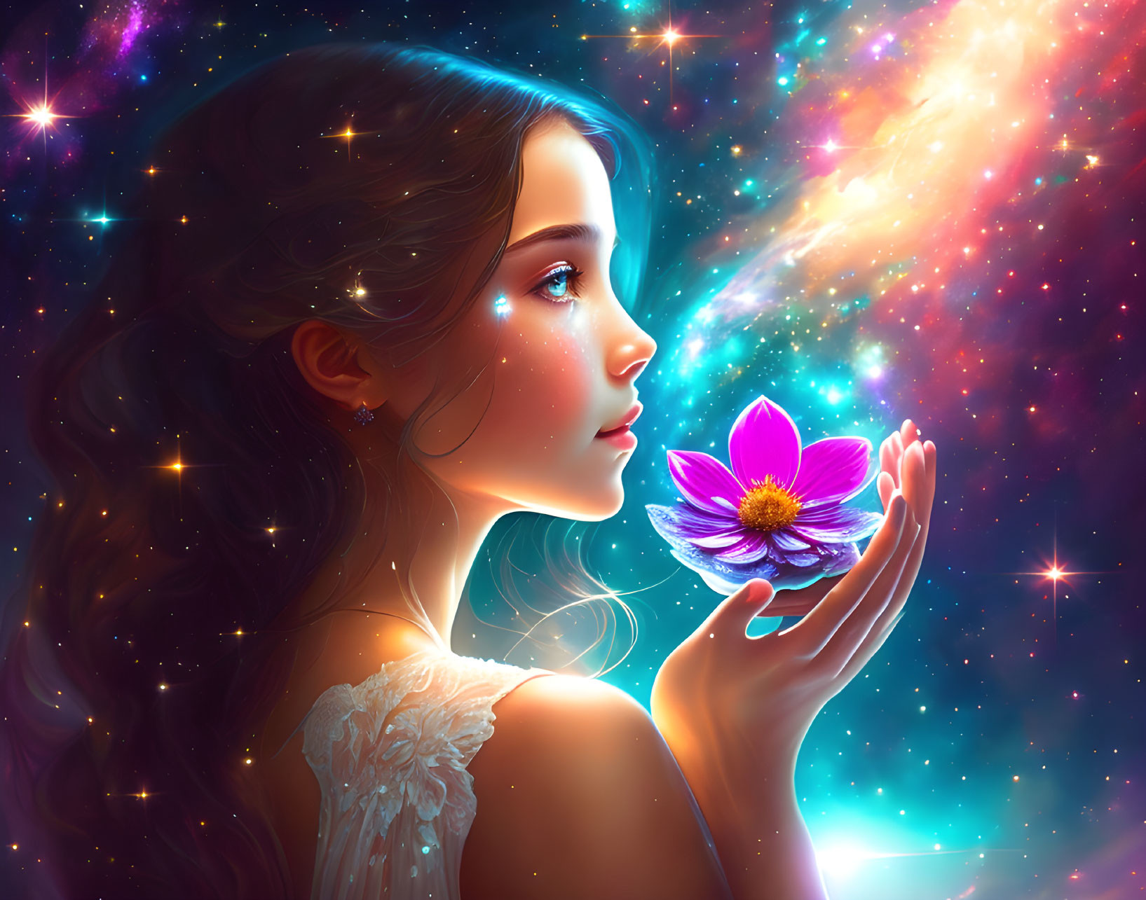 Illustrated woman admires glowing flower in cosmic scene