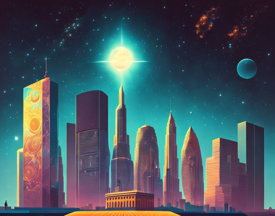 Futuristic cityscape with stylized skyscrapers, starry sky, sun, and distant