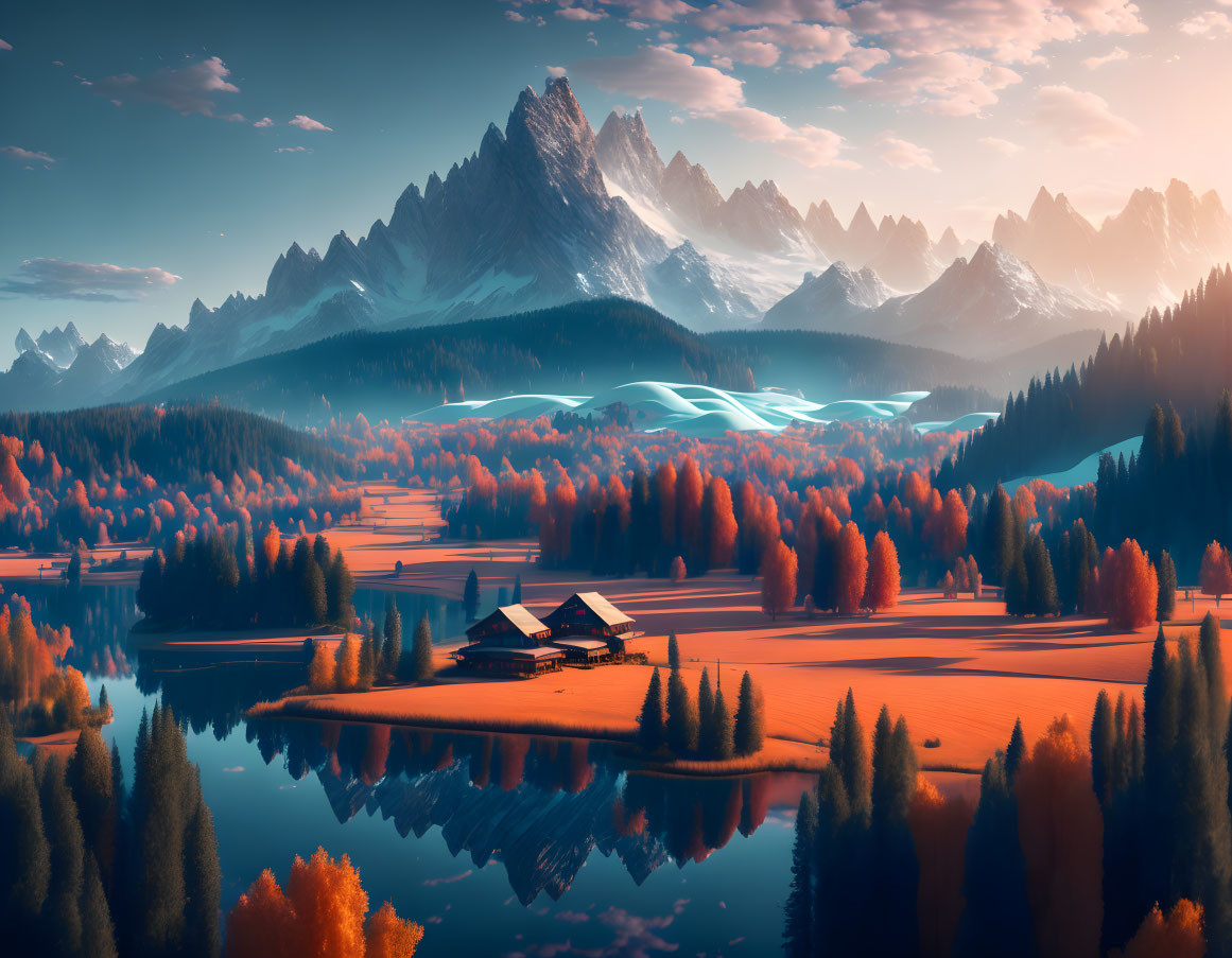 Tranquil autumn landscape with mirror-like lake, cozy cabin, and majestic mountain range