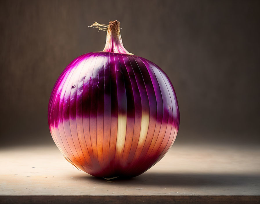 Vibrant red onion with purple hues on brown background