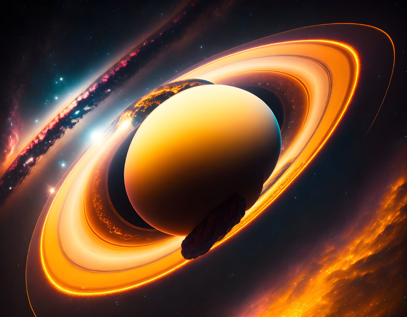 Detailed Image: Saturn with Rings in Cosmic Nebula Backdrop