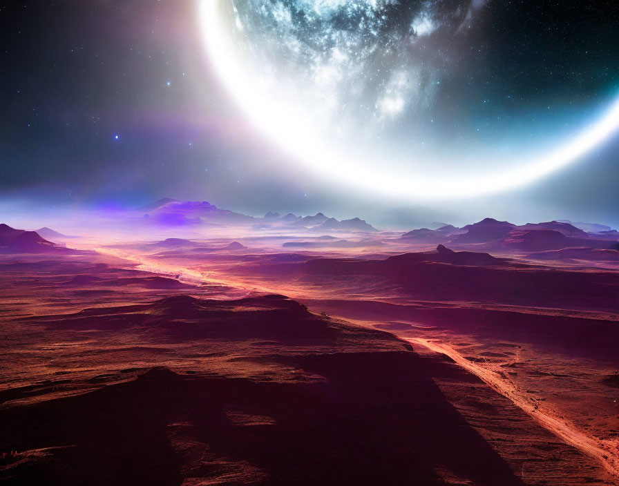 Surreal landscape with cosmic sky and glowing celestial body