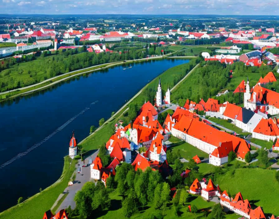 European Town with Red Rooftops Along Riverbanks