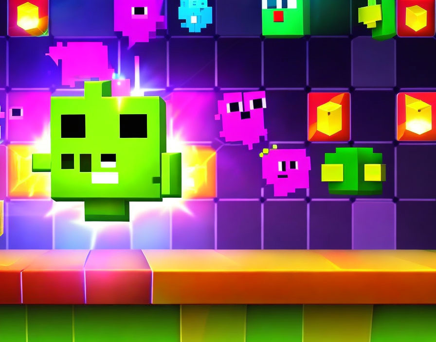 Pixelated creatures and green character on colorful arcade-style background