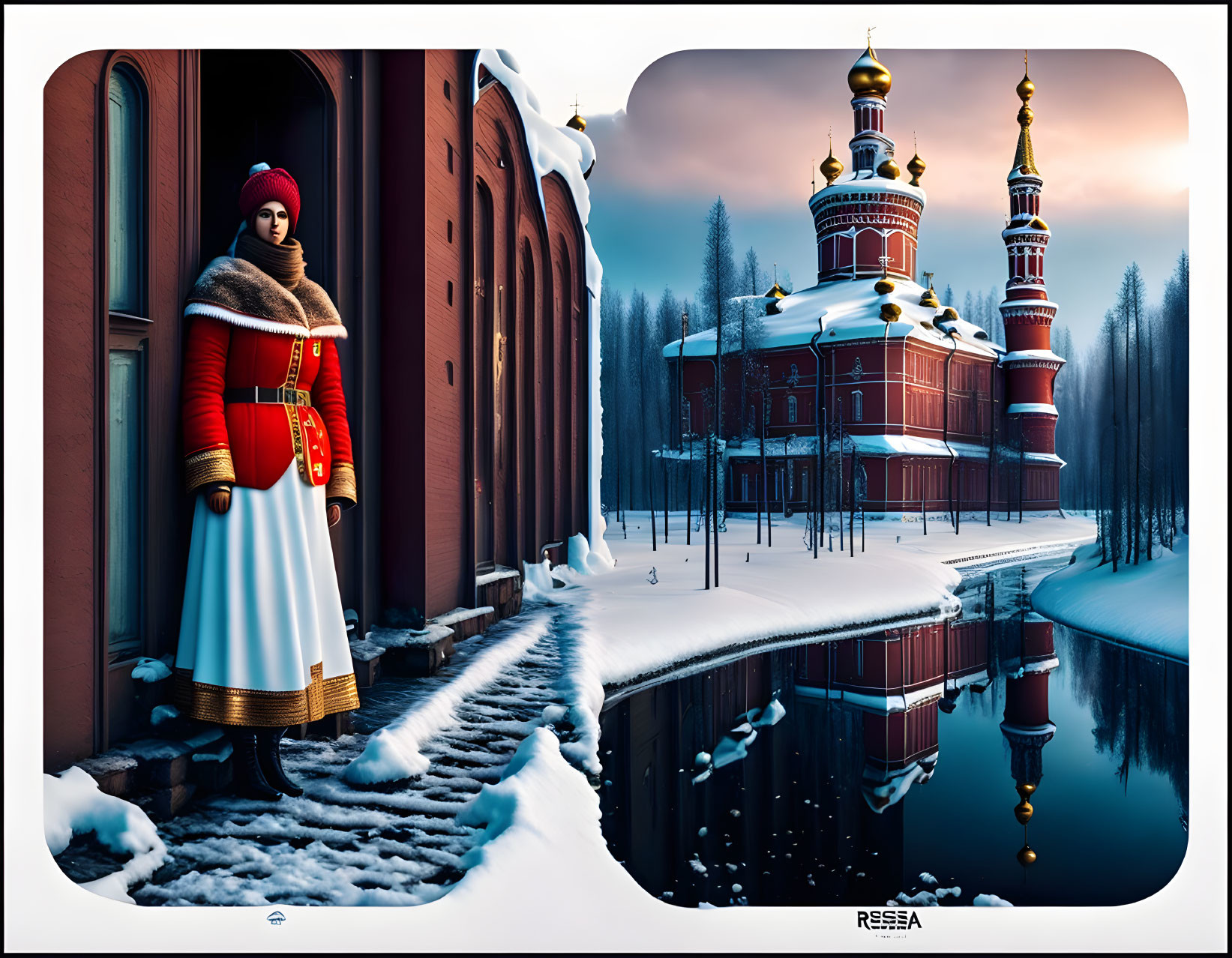 Illustration of woman in Russian attire by snow-covered building with onion domes reflected in water.