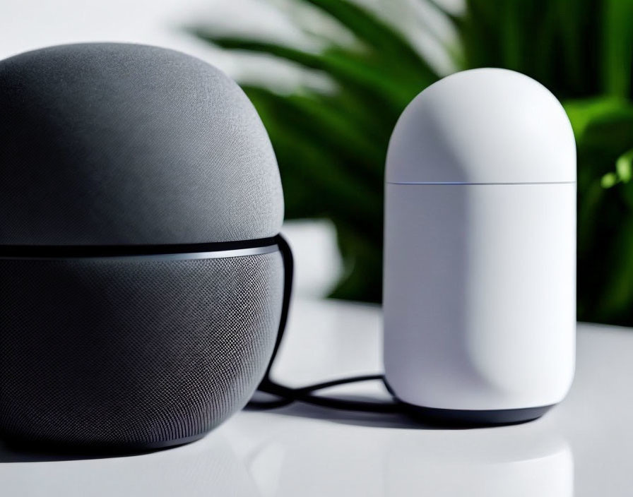 Modern gray and white smart speakers on table with plant in background