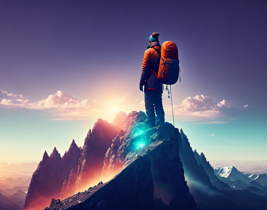 Climber on rugged mountain peak at sunset with turquoise light