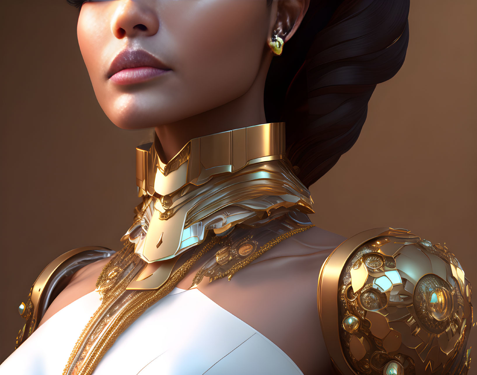 Elegant woman in futuristic golden armor on warm backdrop