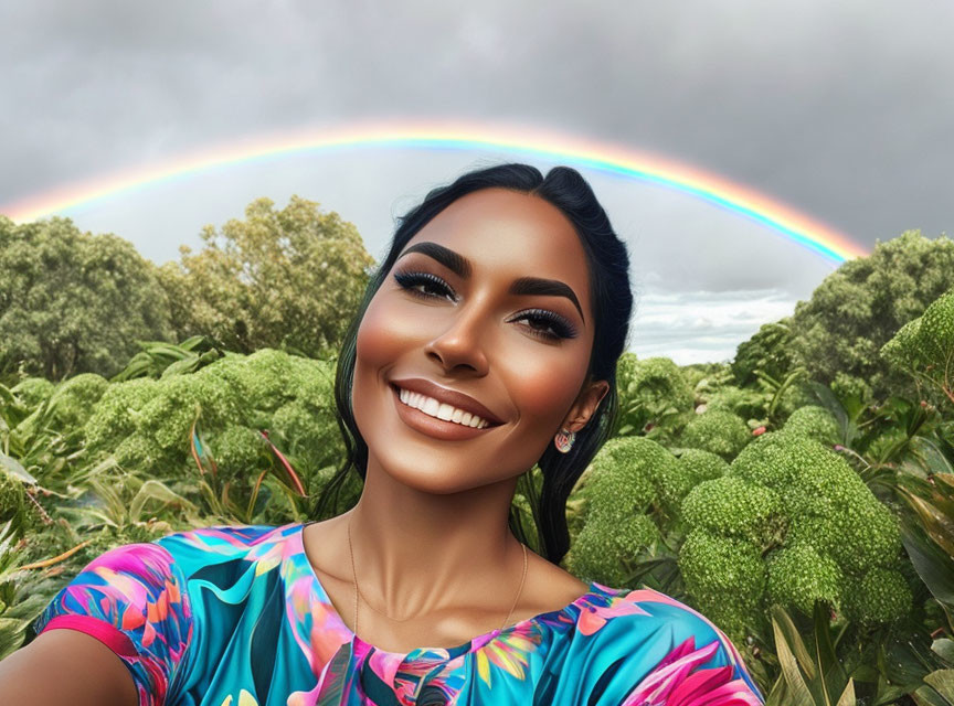 Person smiling selfie with vibrant rainbow and lush greenery