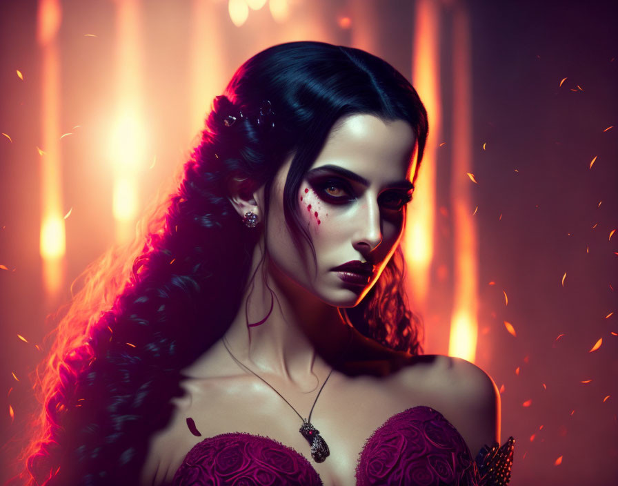 Dark-haired woman with elegant braid and red smoky eye makeup in fiery setting.