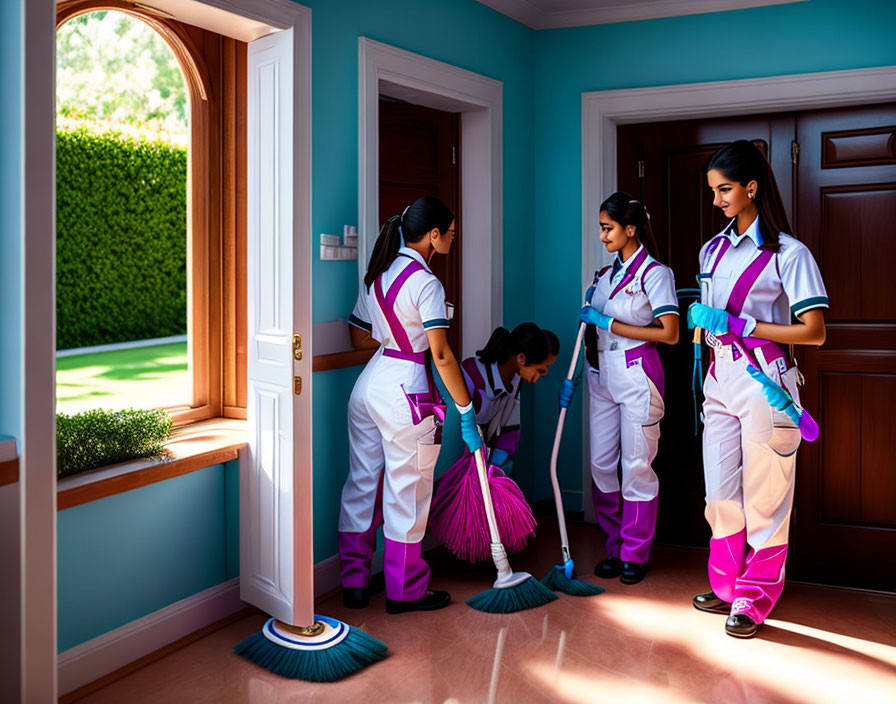 Four women in uniforms cleaning entryway with one sweeping & others carrying supplies