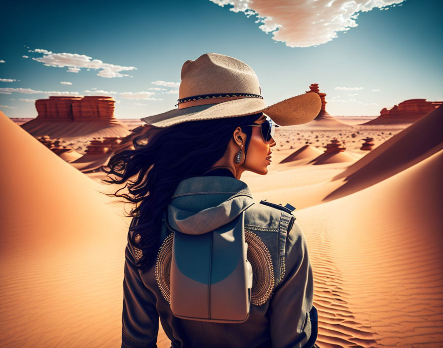 Woman in hat gazes at desert dunes with sunglasses and backpack