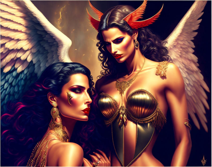 Fantastical women with angelic and demonic features in golden jewelry.