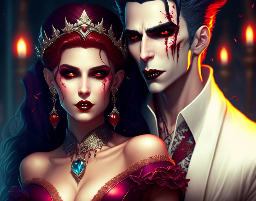 Digital Artwork: Vampire Couple in Red & White Gothic Attire