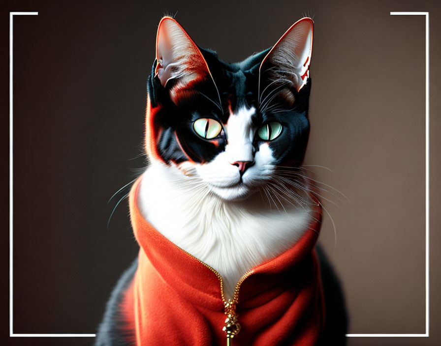 Majestic black and white cat in orange cloak with green eyes on brown background