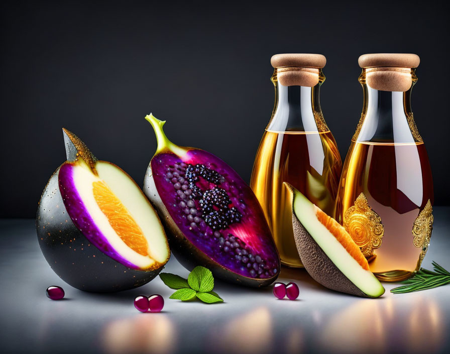 Ornate Gold-Designed Oil Bottles with Vibrant Eggplants and Garnishes