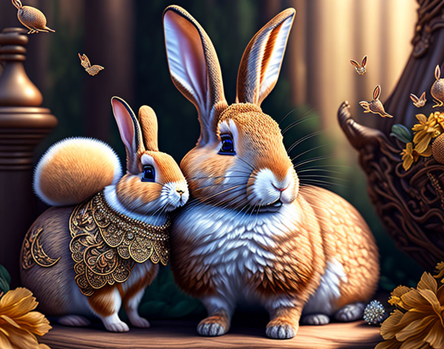 Illustrated rabbits with ornate fur designs among butterflies and flowers