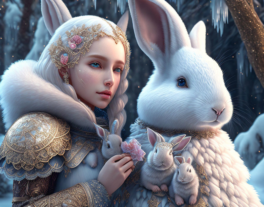 Digital artwork: Woman with blue eyes, rabbits, snowy background, golden armor.