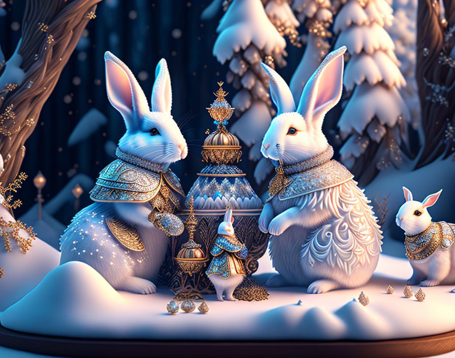 Three ornate majestic rabbits in fantasy winter scene with gold accents.