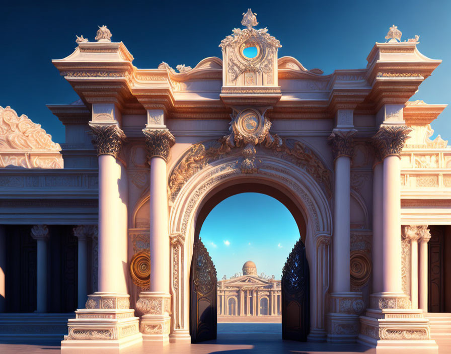 Classical archway with intricate sculptures and warm light overlooking distant dome under blue sky