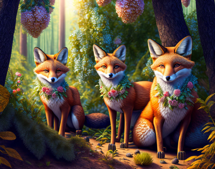 Whimsical foxes with floral necklaces in lush woodland glade