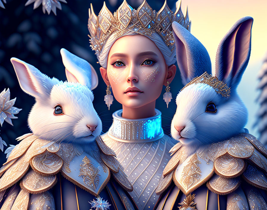 Regal woman with white rabbits in golden accessories in twilight forest