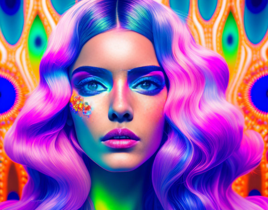 Colorful digital portrait of woman with purple hair and blue eyes.