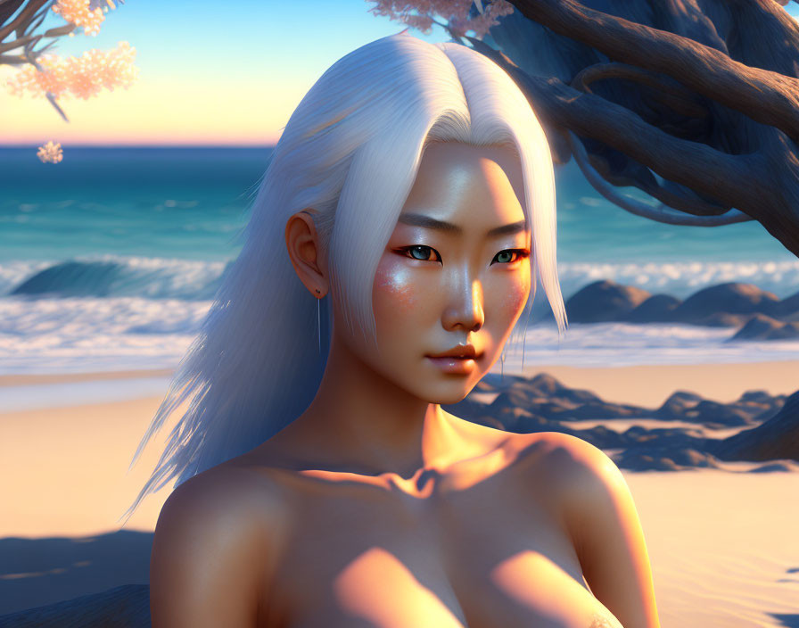 Pale-skinned woman with white hair and red eyes on beach with pink blossoms