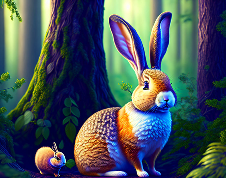 Digital illustration: Large rabbit with feathered wings next to small winged bunny in enchanted forest