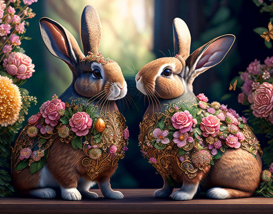 Ornate rabbits surrounded by floral patterns in enchanted forest