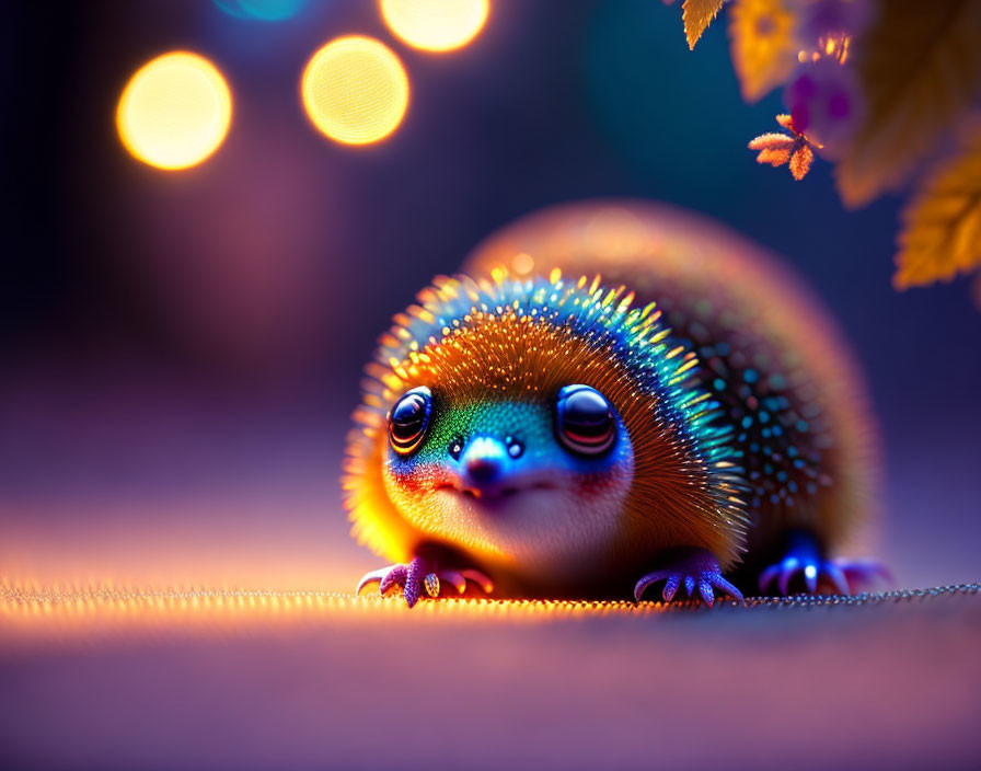 Colorful chubby hedgehog illustration on bokeh light background