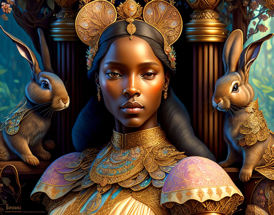 Regal woman in golden attire with rabbits in ornate setting