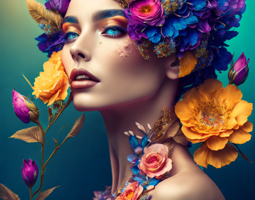 Colorful Flower Headdress on Woman with Vibrant Makeup