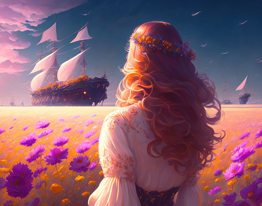 Woman wearing flower crown gazes at sailing ship over purple flower field at night