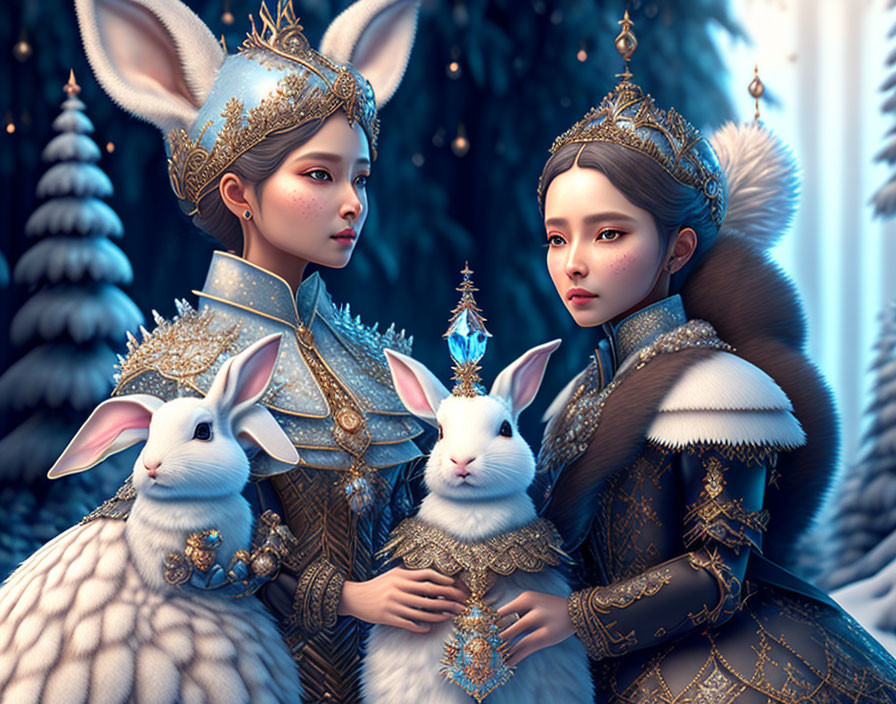 Regal figures in ornate attire with rabbit features and white rabbits in wintry forest.