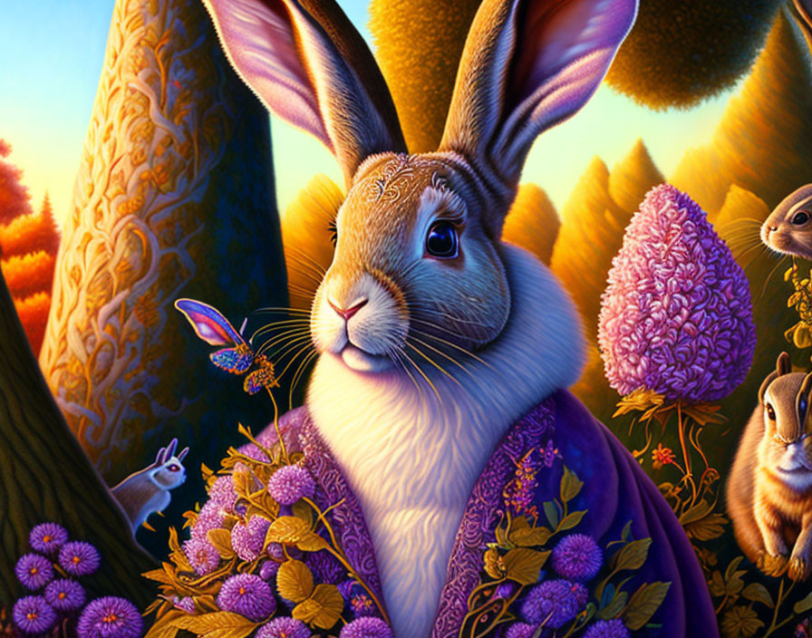 Detailed whimsical forest illustration with large rabbit and colorful flora