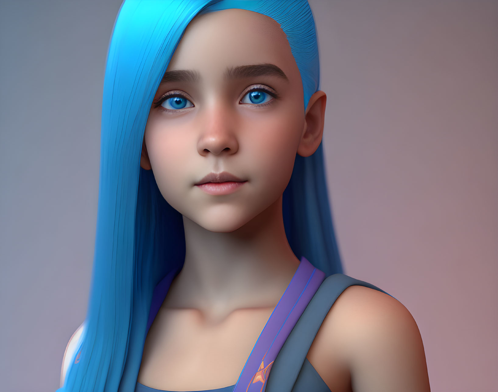 3D-rendered image: Young girl with blue hair and eyes on pink background